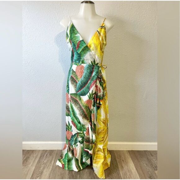 NWOT FARM Rio Azalea Forest Sleeveless Tropical Green Yellow Wrap Midi Dress XS - Picture 3 of 10
